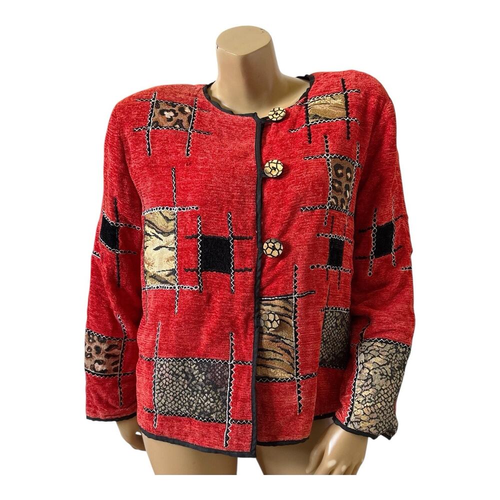 Vintage Allure Jacket Womens Medium Orange Patchwork Animal Print Button Front